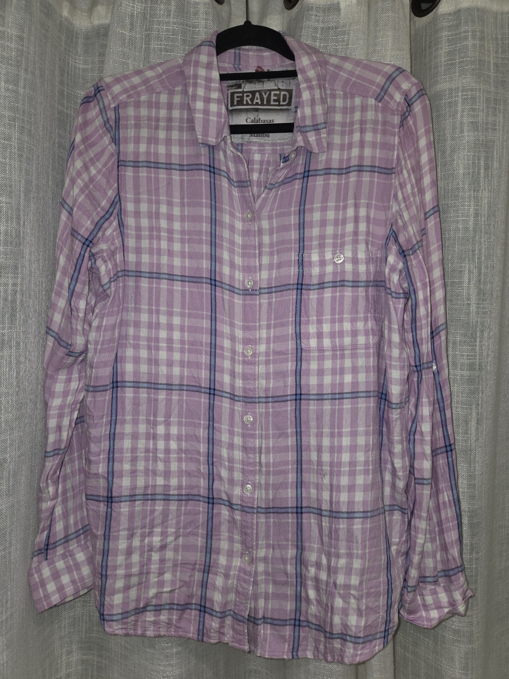 Frayed Malibu Calabasas Lavender Plaid Button-Down Shirt with Navy Accents XL